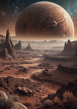 Crimson Exoplanet Landscape — Giant Ringed Planet Over Jagged Desert Spires