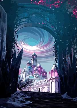 Fantasy Castle Under Swirling Sky