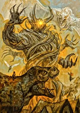 Fantasy Battle Scene with Dinosaur