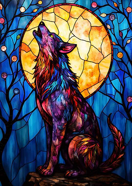 Colorful Wolf Howling at the Moon