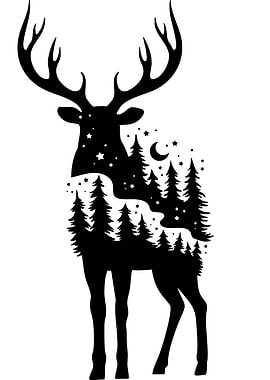 Deer Silhouette with Forest and Stars