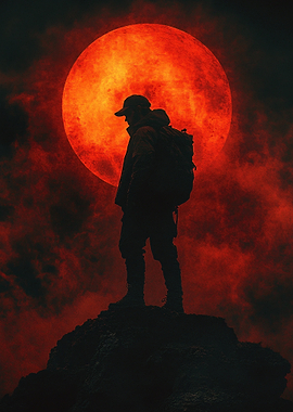 Silhouette Hiker Red Moon