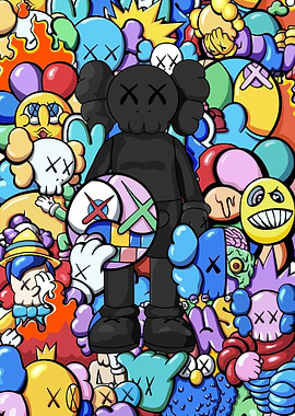 KAWS Character in Colorful Doodle Background