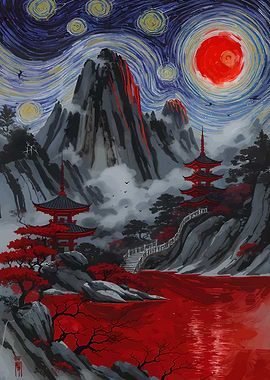 Japanese Landscape with Starry Night Sky