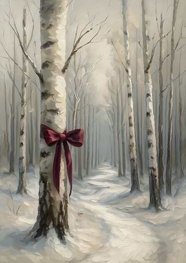 Winter Birch Tree with Red Bow
