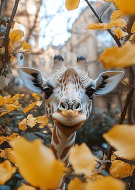 Giraffe portrait with autumn leaves