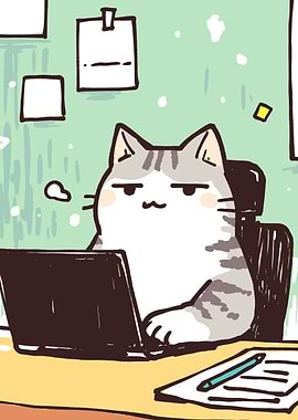 Cat Working on Laptop Illustration