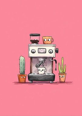 Cute Coffee Machine with Cactus Friends