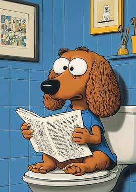 Cartoon Dog Reading Newspaper on Toilet
