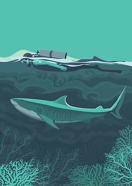 Diver swimming with a tiger shark