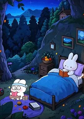Cozy Night Reading Bunny Friends