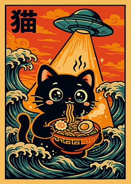 Cat Ramen UFO Japanese Anime Graphic