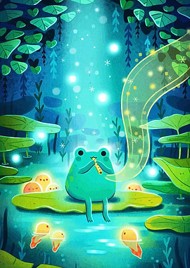 Frog playing flute in magical pond