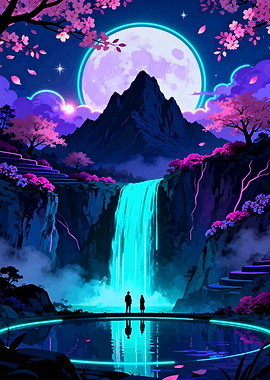 Cherry Blossom Waterfall Landscape