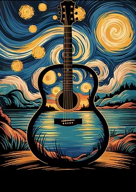 Starry Night Guitar Landscape Art