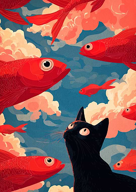 Black Cat and Red Fish Sky