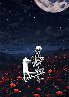 Skeleton, Cat, and Poppy Field