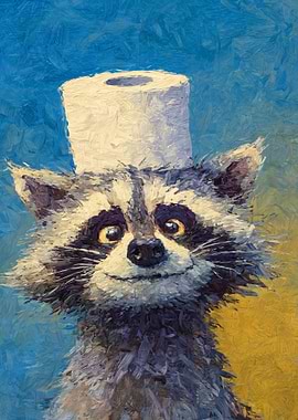 Raccoon with Toilet Paper Hat Painting
