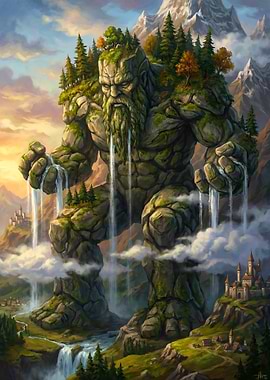 Stone Giant with Waterfalls and Trees
