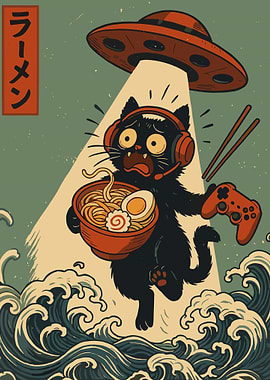 Ramen Gamer Cat Abducted by UFO Poster, Funny Alien Ramen Lover Gift, Cute Gaming Cat Graphic