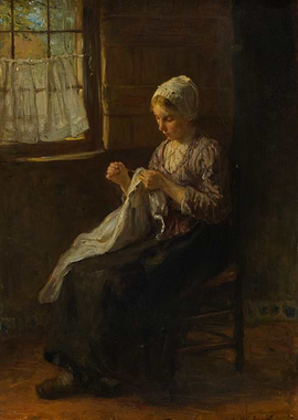 Woman Sewing by Window Painting