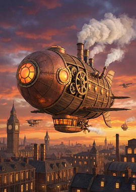 Steampunk Airship Over London at Sunset