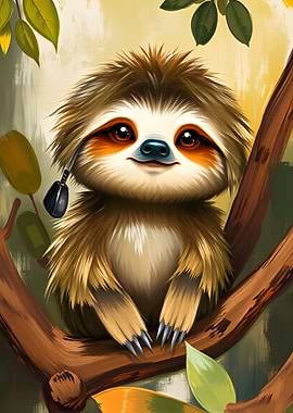 Cute Sloth with Earbuds on Branch