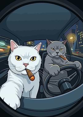 Cats driving car smoking cigars