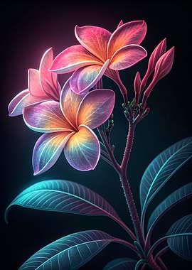 Neon Plumeria Flower on Black Background