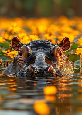 Hippo in Water with Yellow Flowers