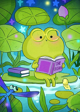 Frog Reading Book on Lily Pad