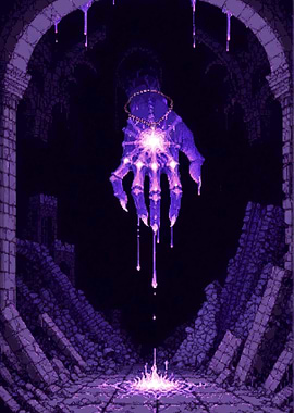 Purple Pixel Art Hand in Ruins