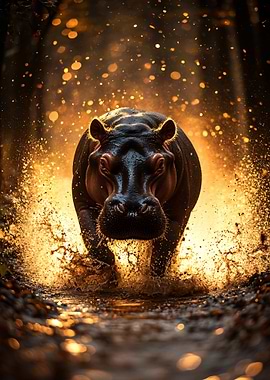 Charging Hippopotamus in Golden Light