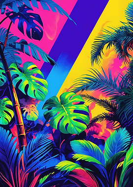 Neon Tropical Jungle — Vibrant Monstera & Palm Leaves Digital Print