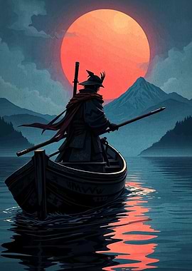 Samurai on a boat at sunset