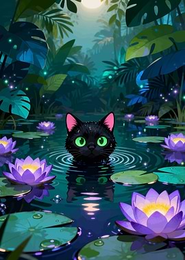 Black Cat in Lily Pond