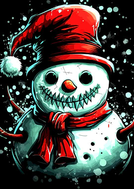 Creepy Christmas Snowman with Red Hat