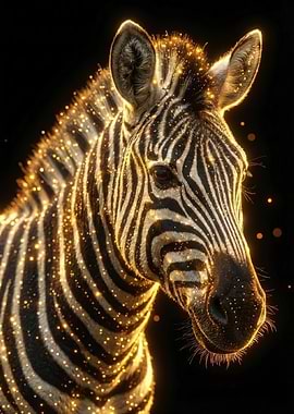 Golden Zebra Portrait on Black Background