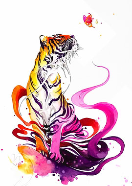Watercolor Tiger and Butterfly Illustration