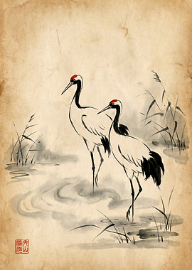 Two Cranes in Ink Wash Painting
