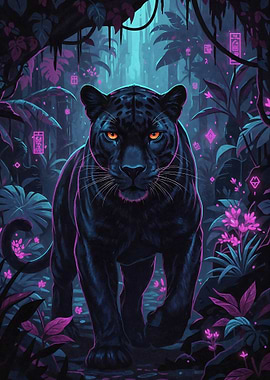Cyberpunk Panther in Neon Jungle