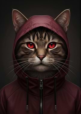 Modern Hooded Cat with Red Eyes