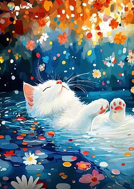 Relaxing Cat in Floral Water