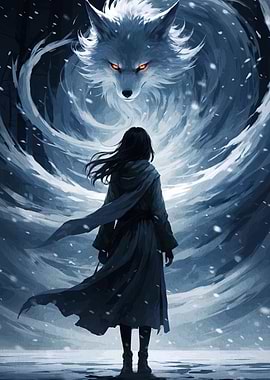 Woman and Spirit Wolf in Snow