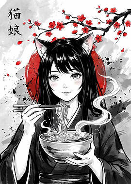 Anime Cat Girl Eating Ramen