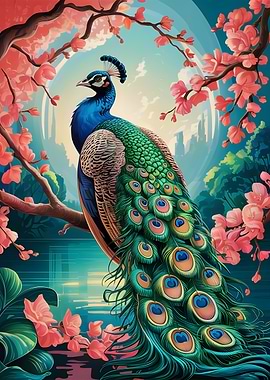 Peacock and Cherry Blossoms