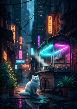 Cyberpunk Alley Cat Ramen Stand