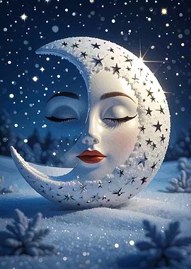 Winter Moon Face with Stars