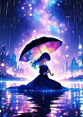 Anime Girl in Rain with Umbrella
