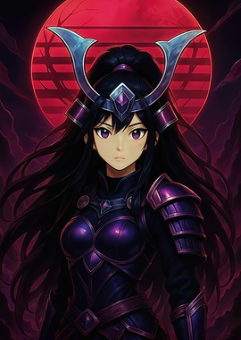 Anime Samurai Girl with Red Moon